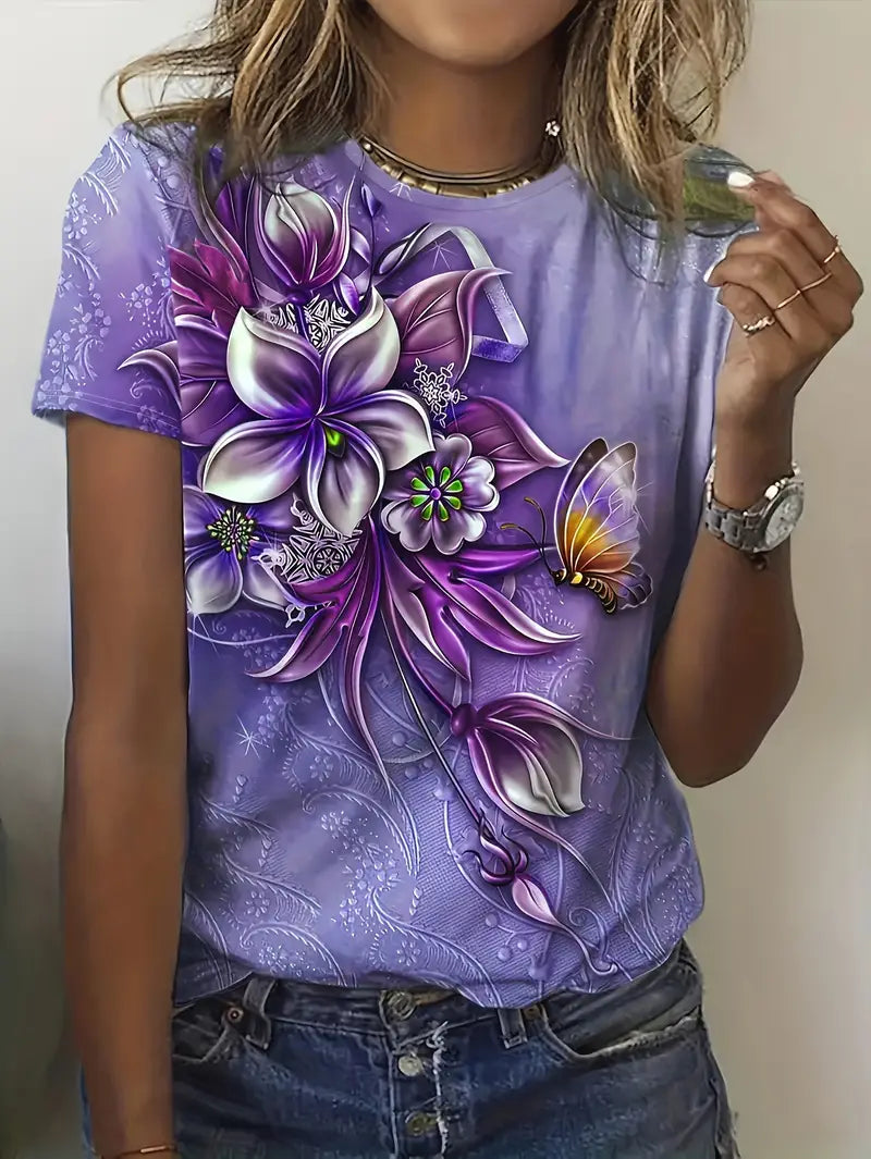 Women's Graphic T-Shirt - Floral Print - Round Neck - Short Sleeve Casual Wear