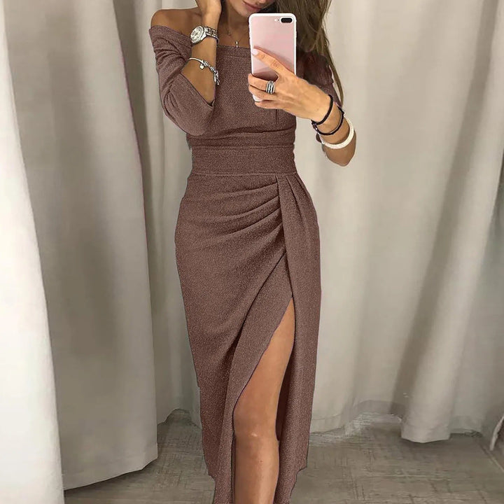Women's Off-Shoulder Bodycon Dress - Glittery Metallic Finish - Three-Quarter Sleeves - High Slit