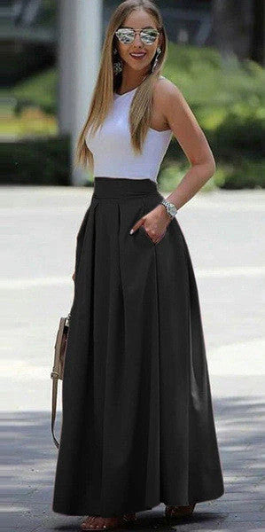 Women's Maxi Skirt - High Waist - Pleated Flowing Design - Elegant & Chic with Pockets