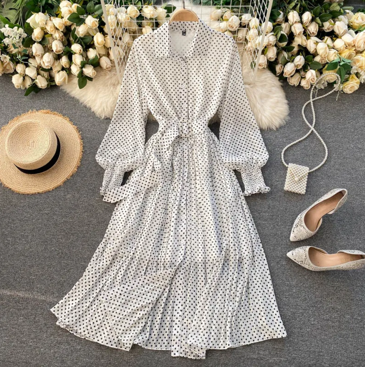 Women's Long Dress - Polka Dot Pattern - Belted Waist - Button-Up - Layered Skirt