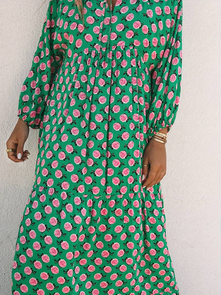 Women's Maxi Dress - Boho Diamond Pattern - V-Neck - Three-Quarter Sleeves - Flowy Fit