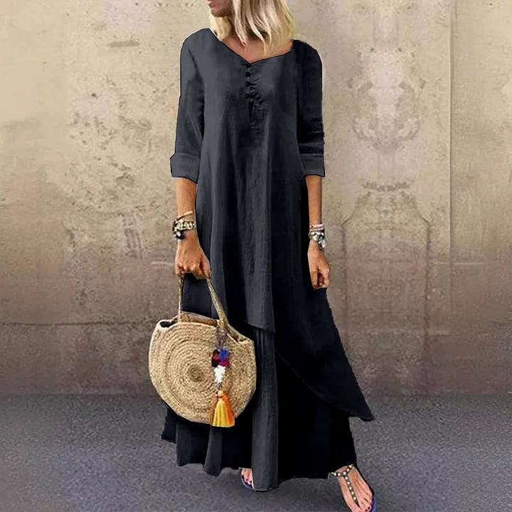 Women’s Midi Dress – Natural Fibers – Relaxed Fit – 3/4 Sleeve – Layered Design