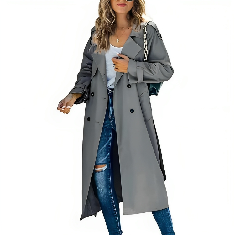 Women's Trench Coat - Tailored Fit - Long Length - Double-Breasted - Wide Lapel Collar