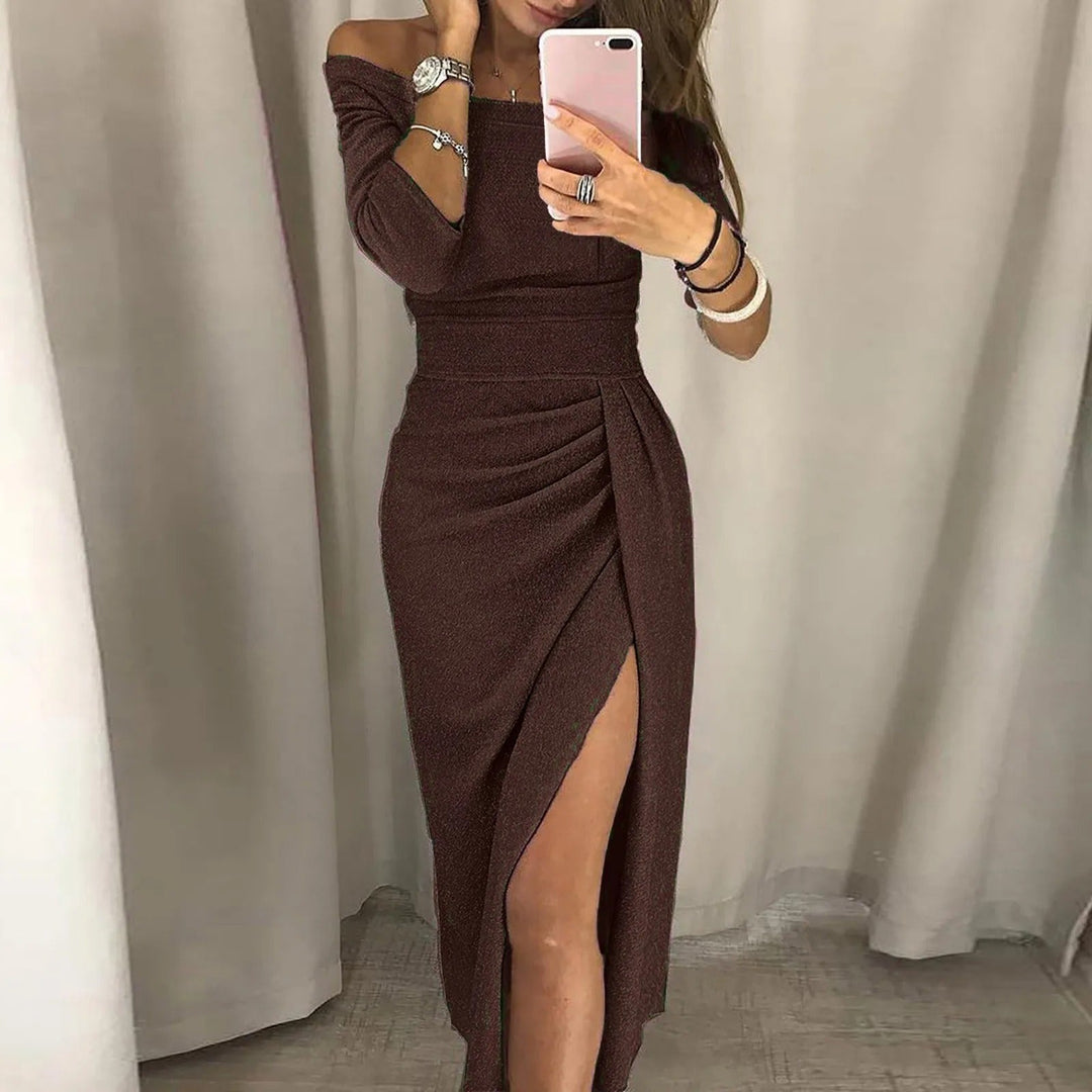 Women's Off-Shoulder Bodycon Dress - Glittery Metallic Finish - Three-Quarter Sleeves - High Slit