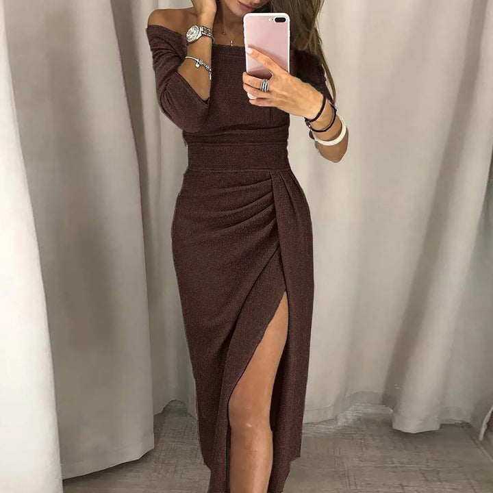 Women's Off-Shoulder Bodycon Dress - Glittery Metallic Finish - Three-Quarter Sleeves - High Slit