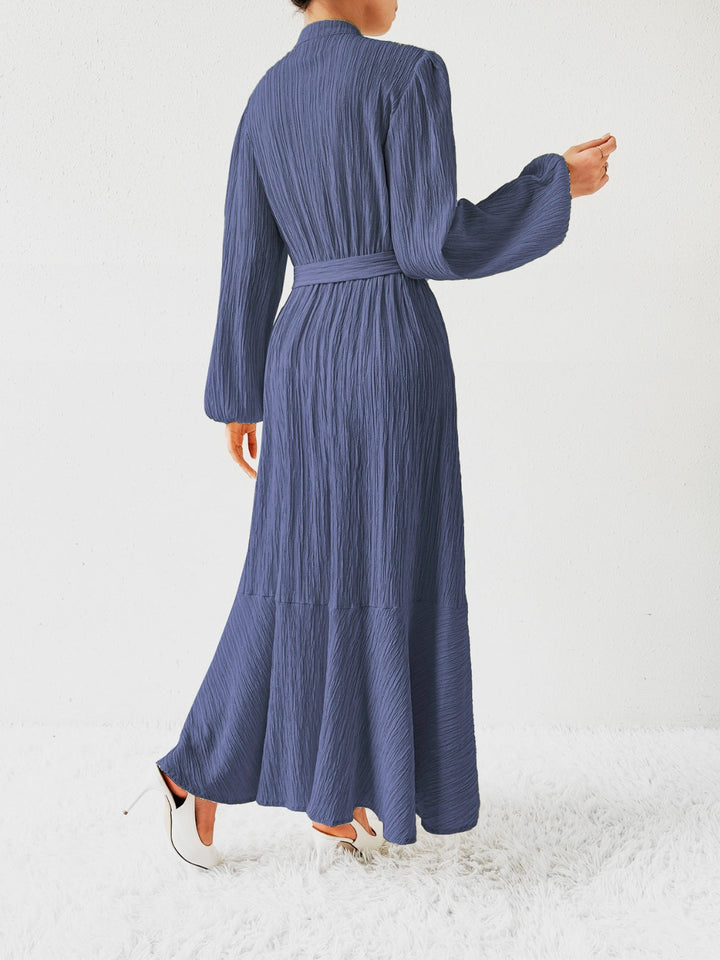 Women's Maxi Dress - Pleated Texture - Long Sleeve High Neck - Waist Tie Elegant Fit
