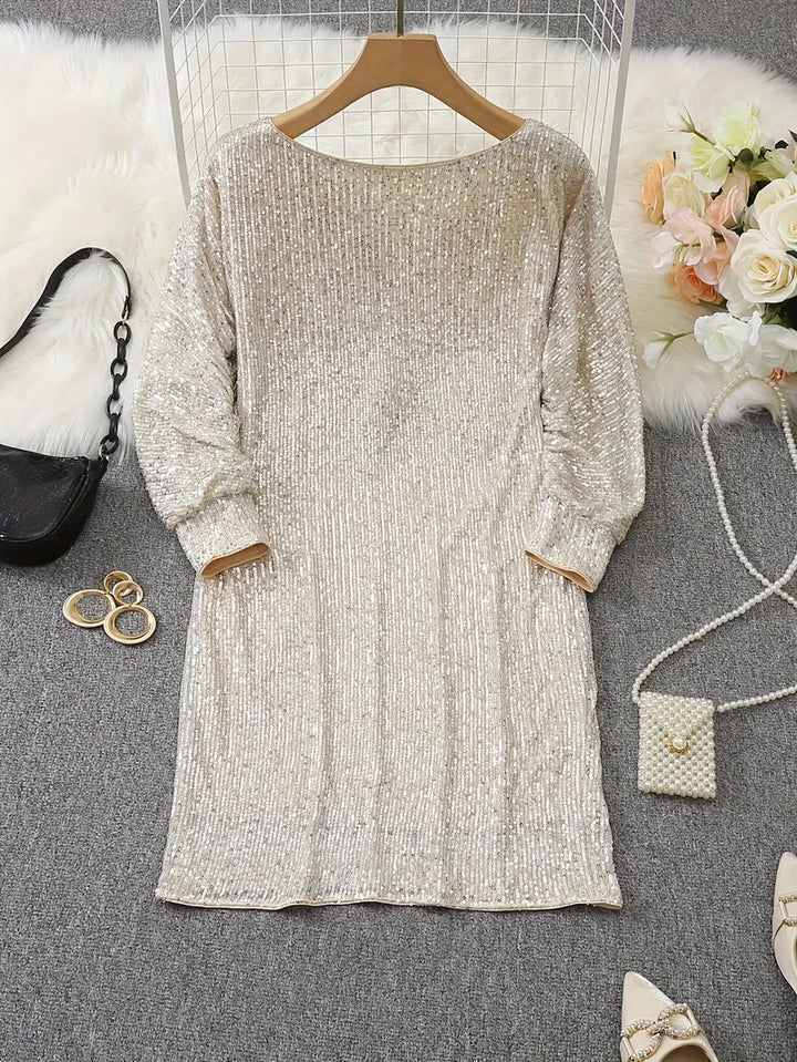 Women’s Mini Dress - Sequin Embellished - Loose Fit - Long Sleeve Elegant Party Wear