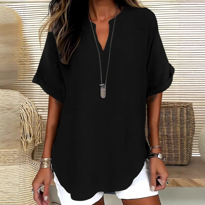 Women’s Blouse – Natural Fibers – Relaxed Fit – V-Neck – Short Sleeve – Hip Length