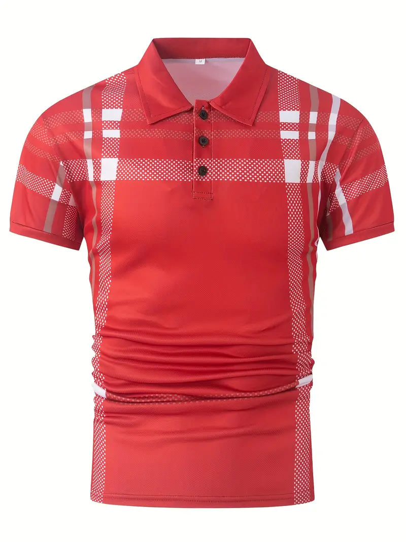 Men's Polo Shirt - Plaid Pattern - Slim Fit - Short Sleeve Button-Down Collar