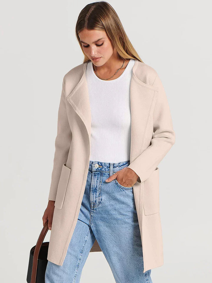 Women’s Knee-Length Coat - Wool Blend - Relaxed Fit - Wide Lapel Minimalist Design