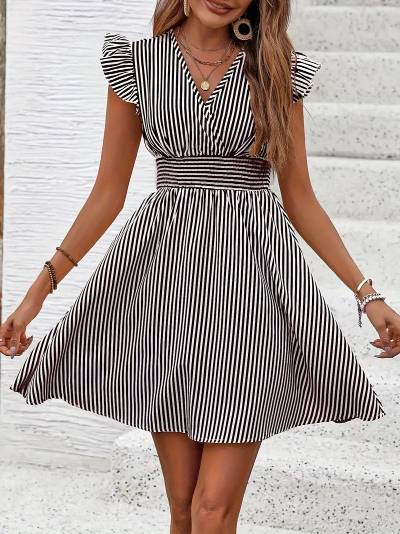 Women's A-Line Dress - Striped Pattern - V-Neck - Ruffled Cap Sleeves - Fitted Waist