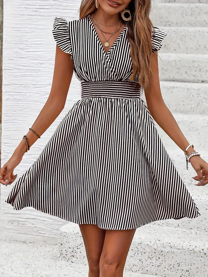 Women's A-Line Dress - Striped Pattern - V-Neck - Ruffled Cap Sleeves - Fitted Waist