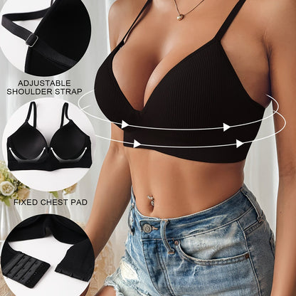 Women’s Push-Up Bra – Slim Fit – Ribbed Texture – Plunge Neckline – Breathable Blend