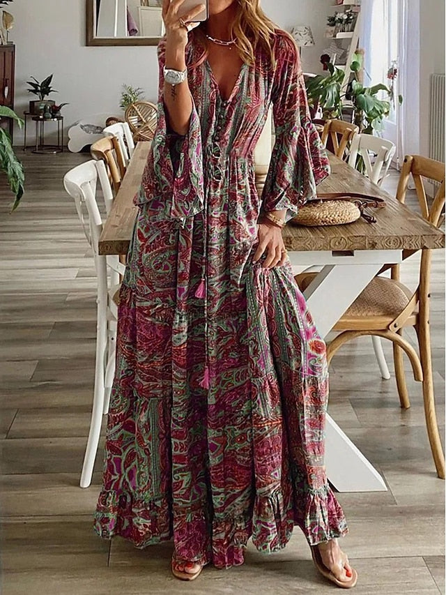 Women's Maxi Dress - Bohemian Paisley Print - Bell Sleeves - Deep V-Neck - Flowy Fit
