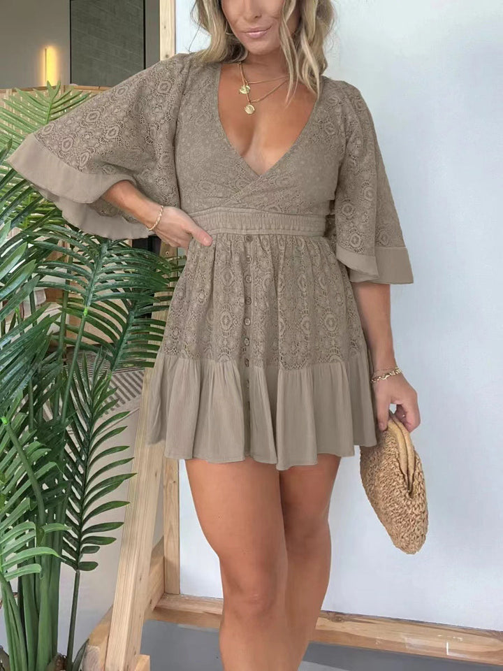 Women's Dress - V-Neck Lace Detail - Bell Sleeve A-Line Mini - Button Front Elegant