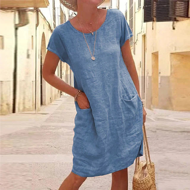 Women’s Midi Dress – Natural Fibers – Relaxed Fit – Knee Length – Short Sleeve – With Pockets