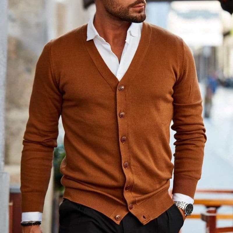 Men's Cardigan - Soft Knit - V-Neck - Button Front - Regular Fit - Ribbed Hem & Cuffs