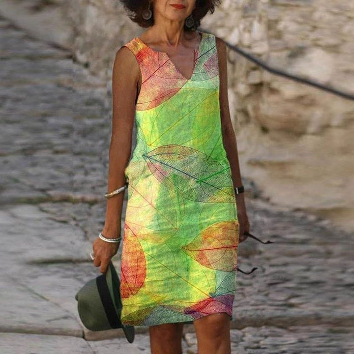 Women’s Knee-Length Dress - Breathable Blend - Relaxed Fit - Sleeveless V-Neck Casual Style