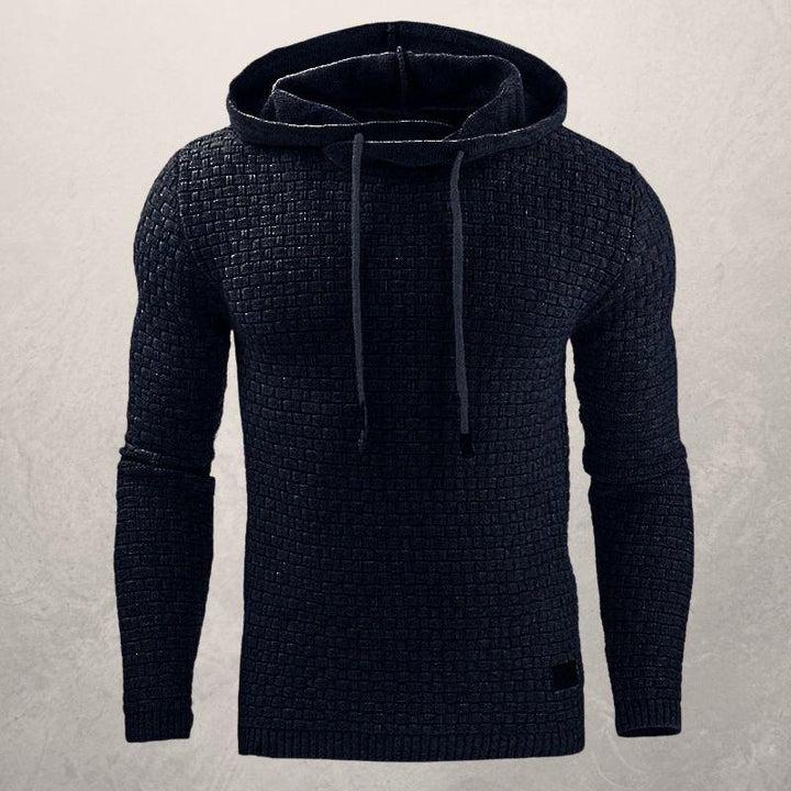 Men’s Knitted Sweater - Slim Fit - Textured Grid Pattern - Hooded with Drawstrings