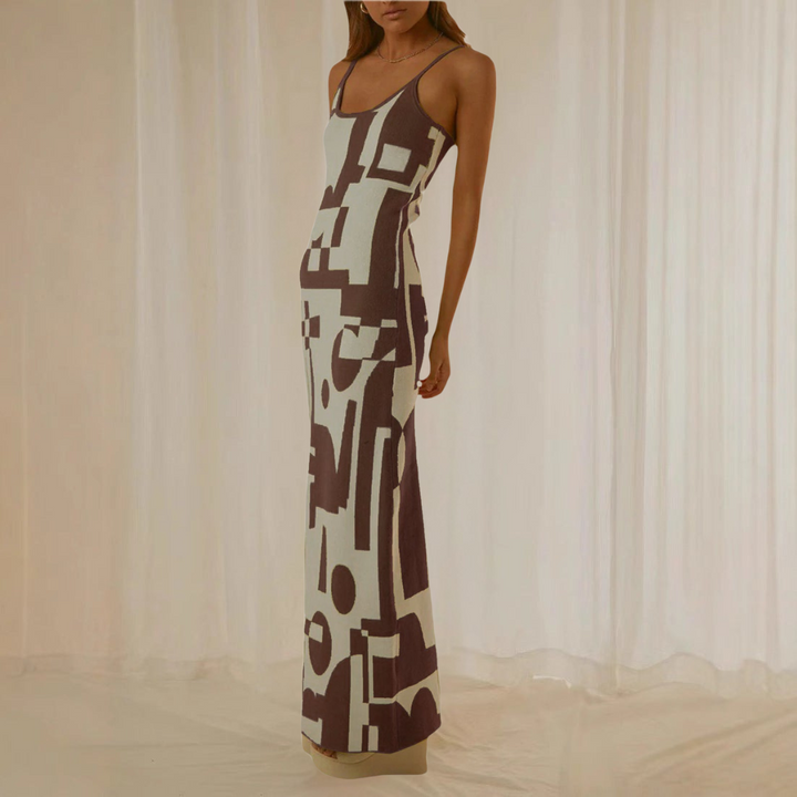 Women’s Maxi Dress - Bodycon Fit - Spaghetti Strap - Geometric Print - Stretch Fabric