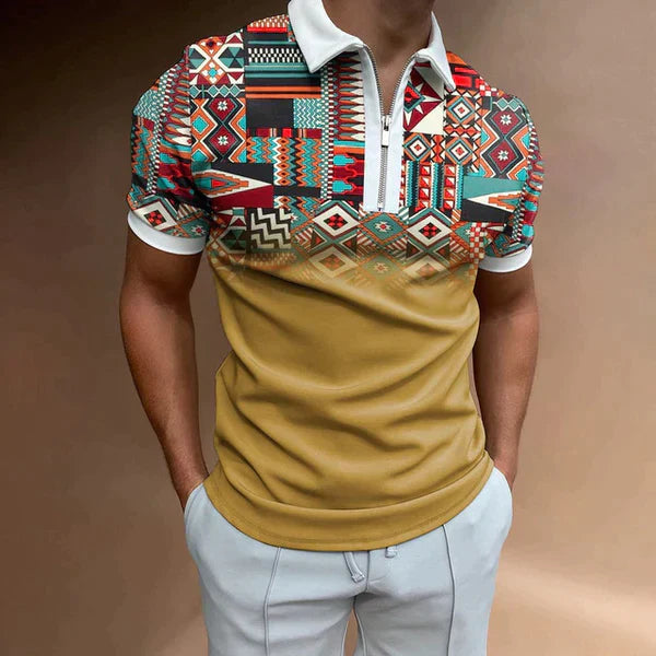 Men’s Polo Shirt - Slim Fit - Zip-Up Placket - Short Sleeve Striped Casual Wear