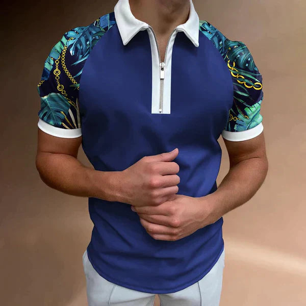 Men’s Polo Shirt - Slim Fit - Zip-Up Placket - Short Sleeve Striped Casual Wear