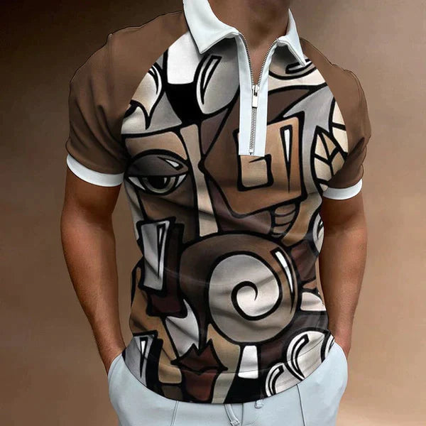 Men’s Polo Shirt - Slim Fit - Zip-Up Placket - Short Sleeve Striped Casual Wear