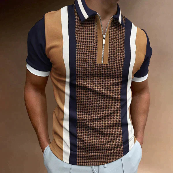 Men’s Polo Shirt - Slim Fit - Zip-Up Placket - Short Sleeve Striped Casual Wear