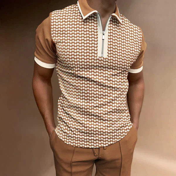 Men’s Polo Shirt - Slim Fit - Zip-Up Placket - Short Sleeve Striped Casual Wear