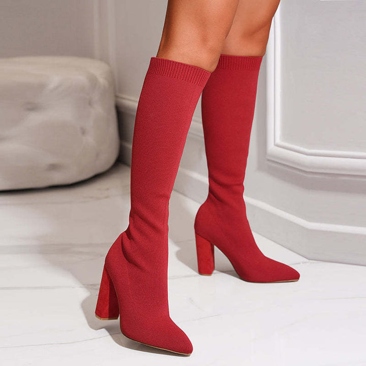 Women’s Knee-High Sock Boots – Slim Fit – Stretch Knit – Pointed Toe – Block Heel