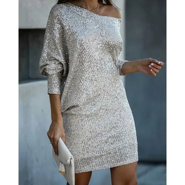 Women’s Mini Dress - Sequin Embellished - Loose Fit - Long Sleeve Elegant Party Wear
