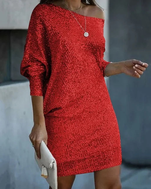 Women’s Mini Dress - Sequin Embellished - Loose Fit - Long Sleeve Elegant Party Wear