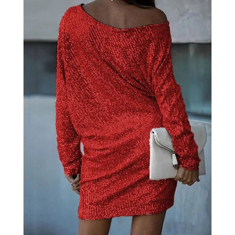 Women’s Mini Dress - Sequin Embellished - Loose Fit - Long Sleeve Elegant Party Wear