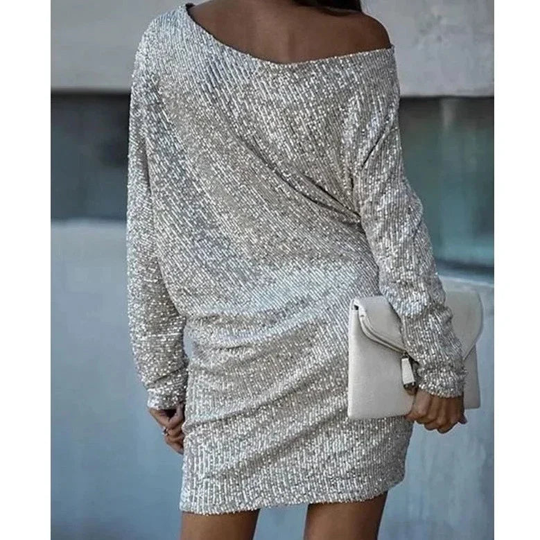 Women’s Mini Dress - Sequin Embellished - Loose Fit - Long Sleeve Elegant Party Wear