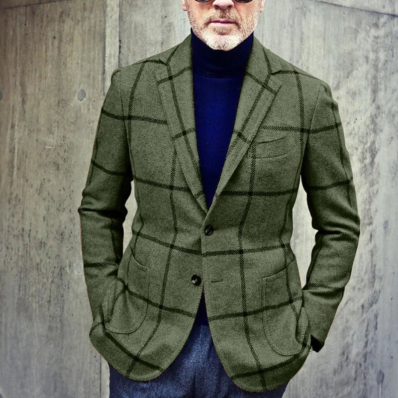 Men’s Blazer Jacket - Wool Blend - Tailored Fit - Windowpane Check - Notch Lapel