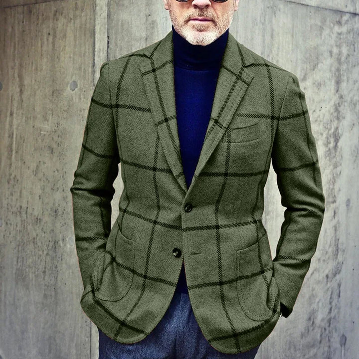 Men’s Blazer Jacket - Wool Blend - Tailored Fit - Windowpane Check - Notch Lapel