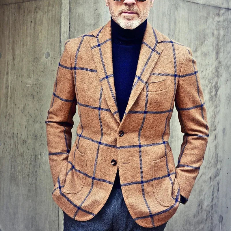 Men’s Blazer Jacket - Wool Blend - Tailored Fit - Windowpane Check - Notch Lapel