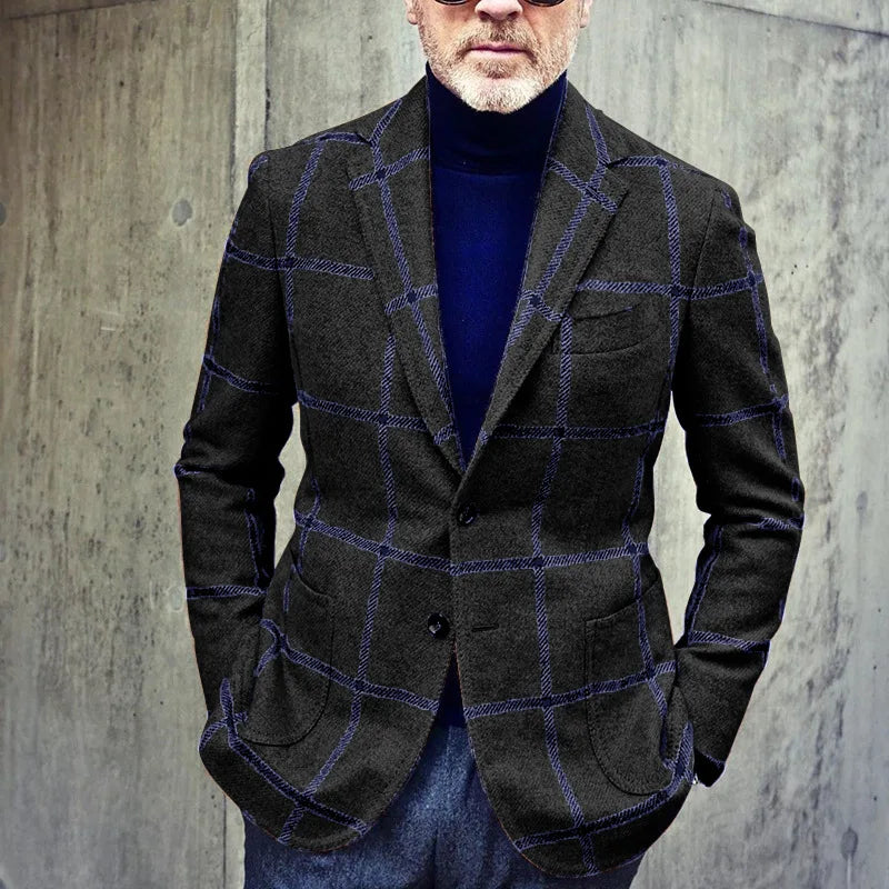 Men’s Blazer Jacket - Wool Blend - Tailored Fit - Windowpane Check - Notch Lapel