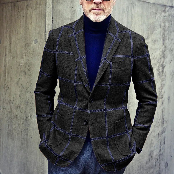 Men’s Blazer Jacket - Wool Blend - Tailored Fit - Windowpane Check - Notch Lapel
