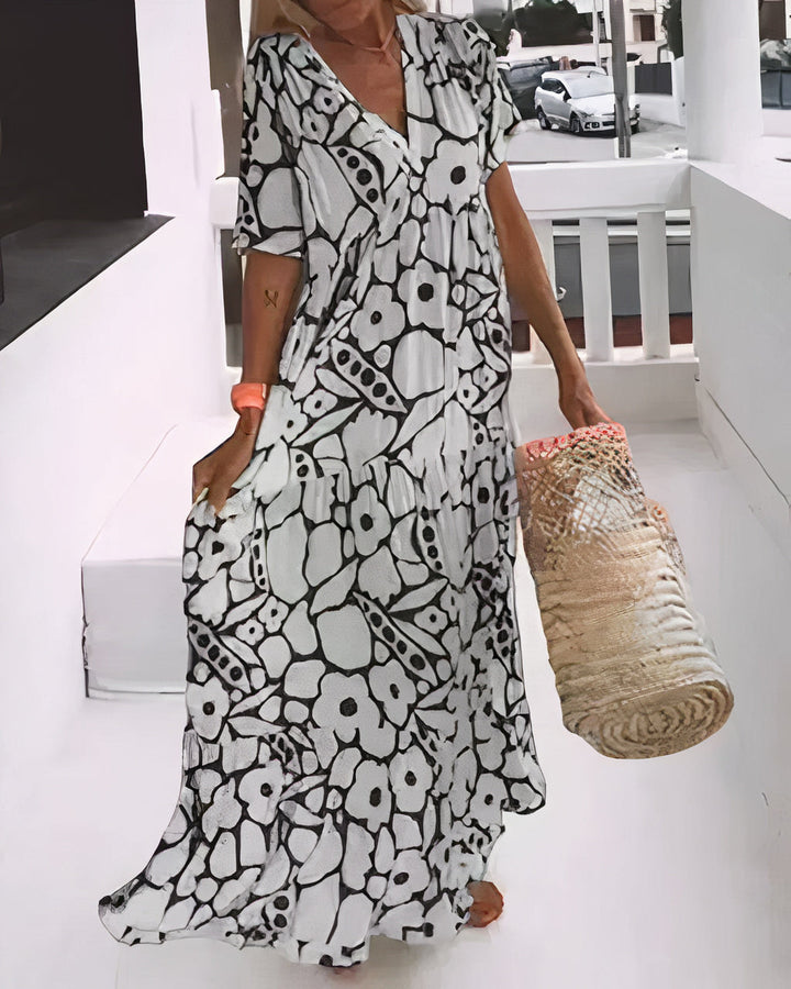 Women’s Maxi Dress – Relaxed Fit – Deep V-Neck – Short Sleeve – Breathable Blend – Tiered Hem