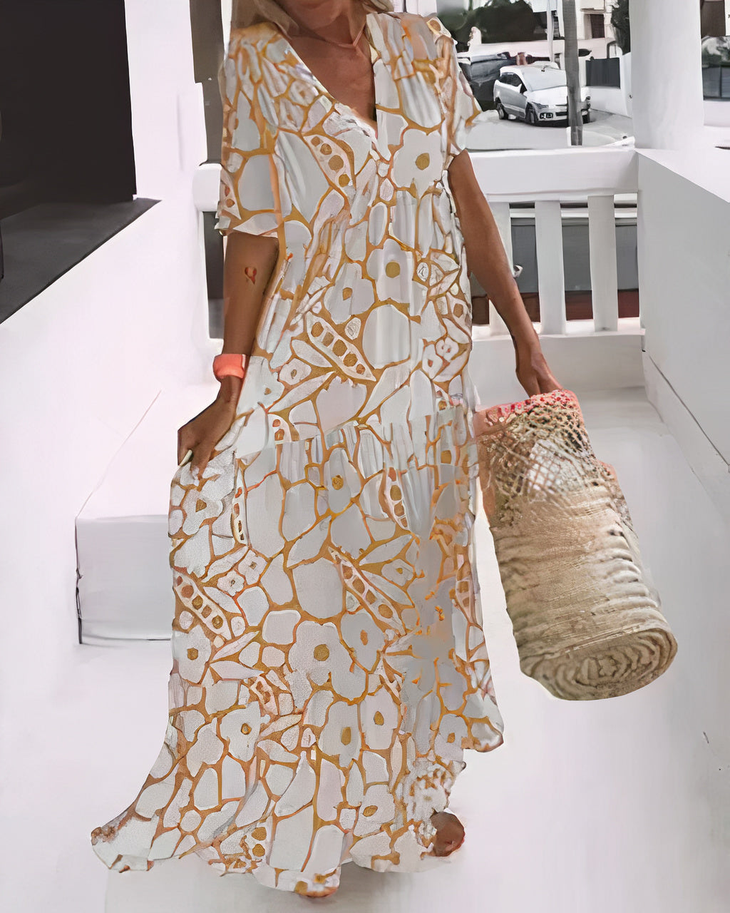 Women’s Maxi Dress – Relaxed Fit – Deep V-Neck – Short Sleeve – Breathable Blend – Tiered Hem