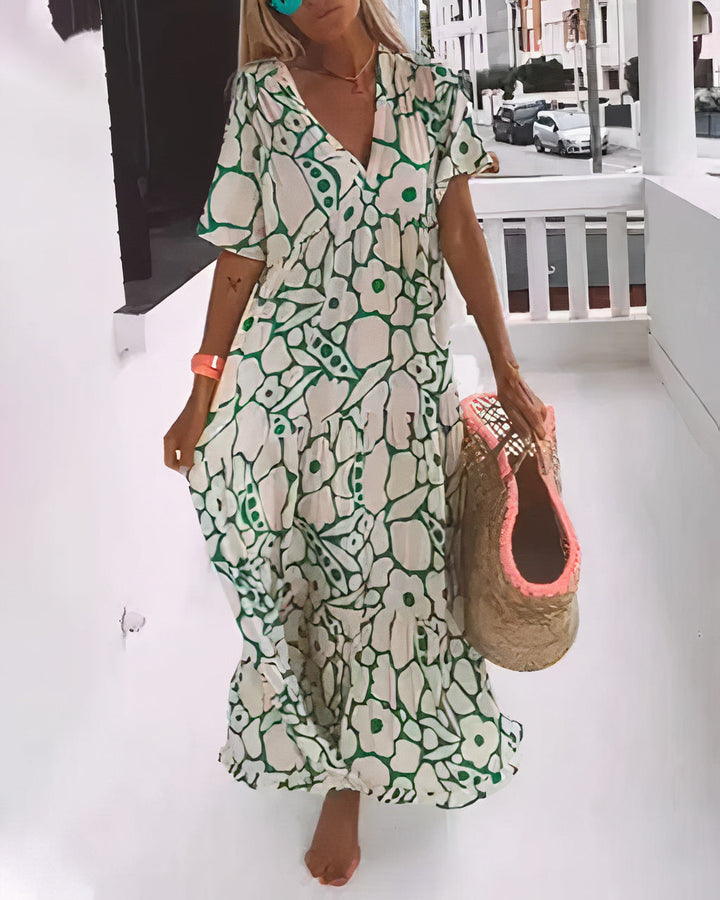 Women’s Maxi Dress – Relaxed Fit – Deep V-Neck – Short Sleeve – Breathable Blend – Tiered Hem
