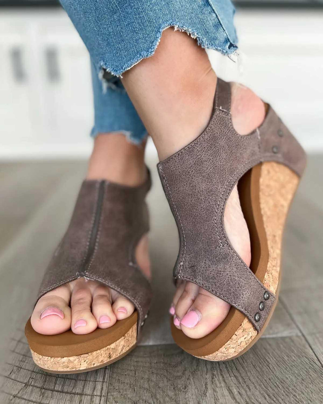 Women’s Sandals – Ergonomic Fit – Open Toe – Cork Footbed – Cut-Out Design – Stud Accents