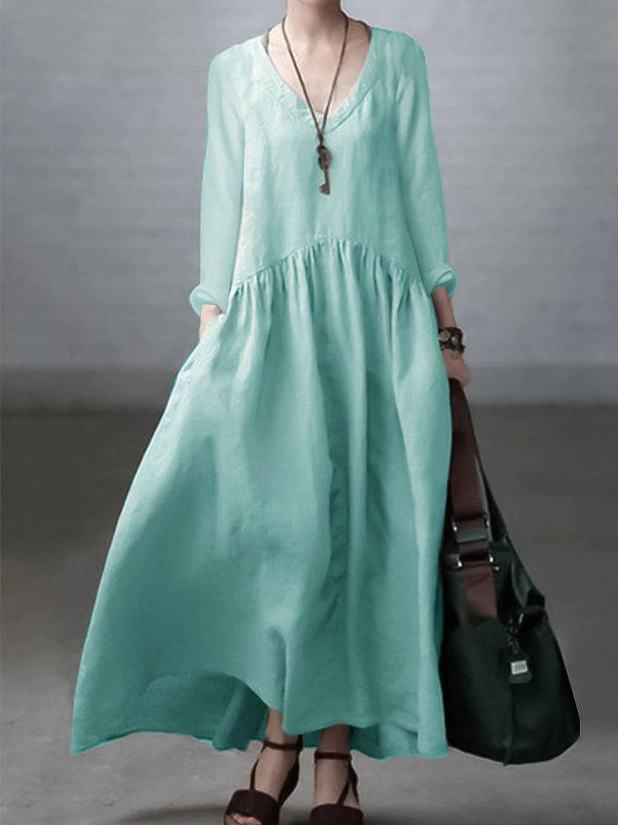 Women’s Maxi Dress – Natural Fibers – Relaxed Fit – V-Neck – Long Sleeve Casual Wear