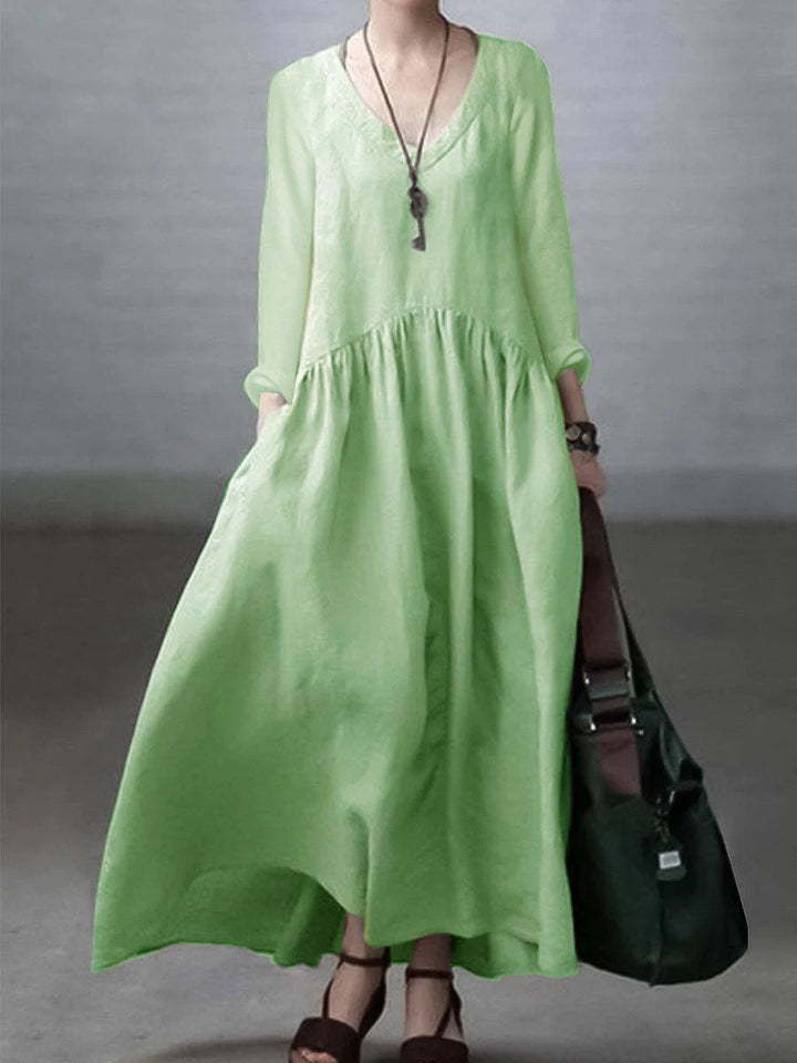Women’s Maxi Dress – Natural Fibers – Relaxed Fit – V-Neck – Long Sleeve Casual Wear