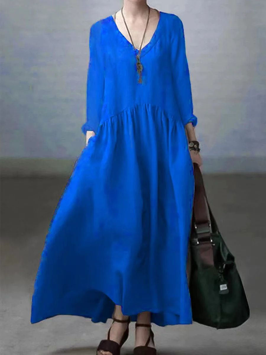 Women’s Maxi Dress – Natural Fibers – Relaxed Fit – V-Neck – Long Sleeve Casual Wear