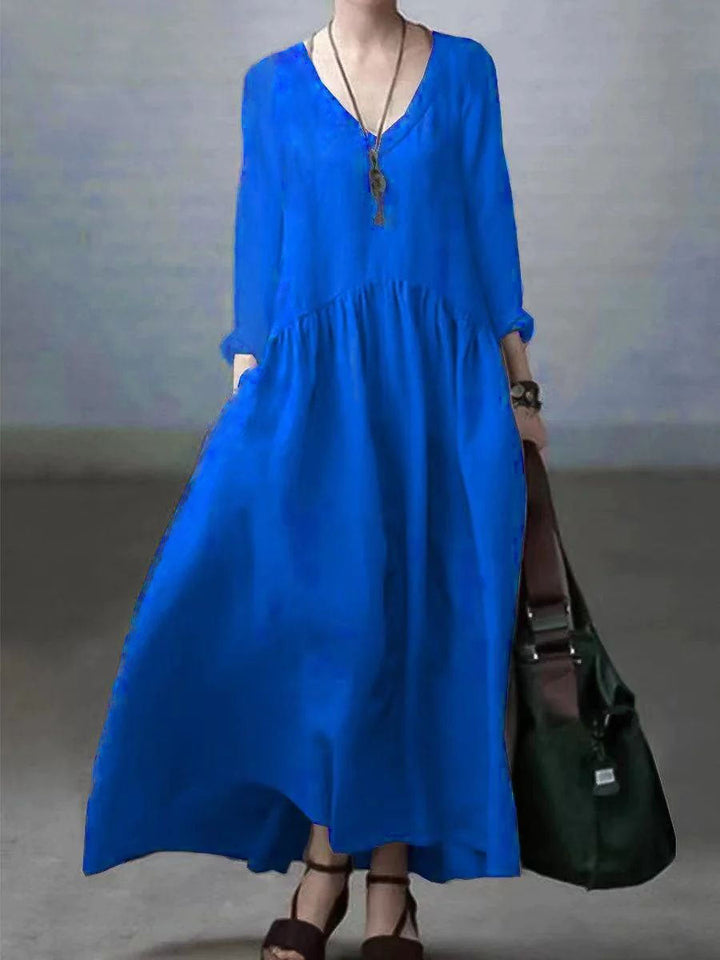 Women’s Maxi Dress – Natural Fibers – Relaxed Fit – V-Neck – Long Sleeve Casual Wear