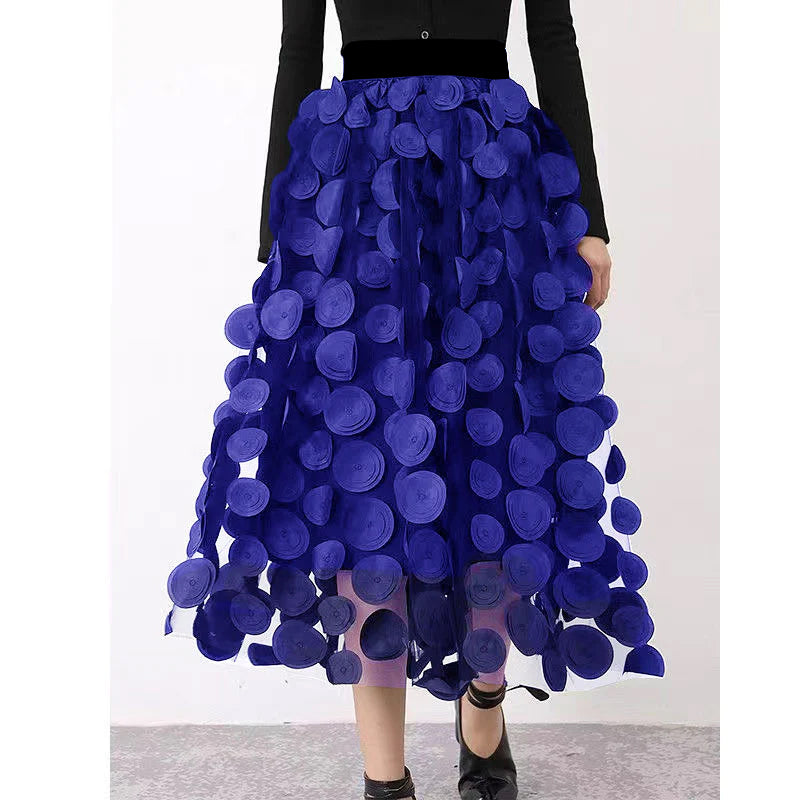 Women’s A-Line Midi Skirt – Tulle Layers – Voluminous Fit – Statement Appliqué Design