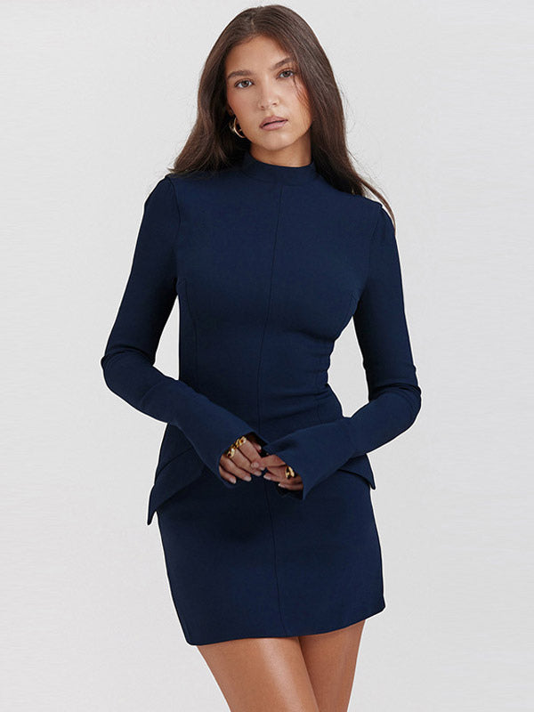 Women's Mini Dress - Tailored Fit - Long Sleeve Bell Cuffs - High Neck Elegant Style