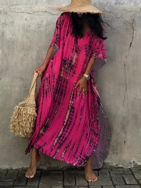Women's Kaftan Dress - Full-Length Loose Fit - V-Neck Tie-Dye Bohemian Style